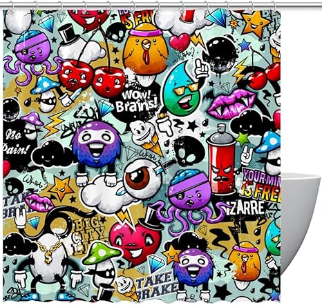 Amazon シャワーカーテン バスカーテン Royallove 浴室 バスルーム 防水 防カビ 目隠し用 シンプル 間仕切り 180 180cm おもしろ キャラクター 文字 落書き シャワーカーテン ホーム キッチン オンライン通販