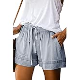 Mosucoirl Women Comfy Drawstring Casual Elastic Waist Pure Color Shorts Summer Beach Lightweight Short Pants with Pockets