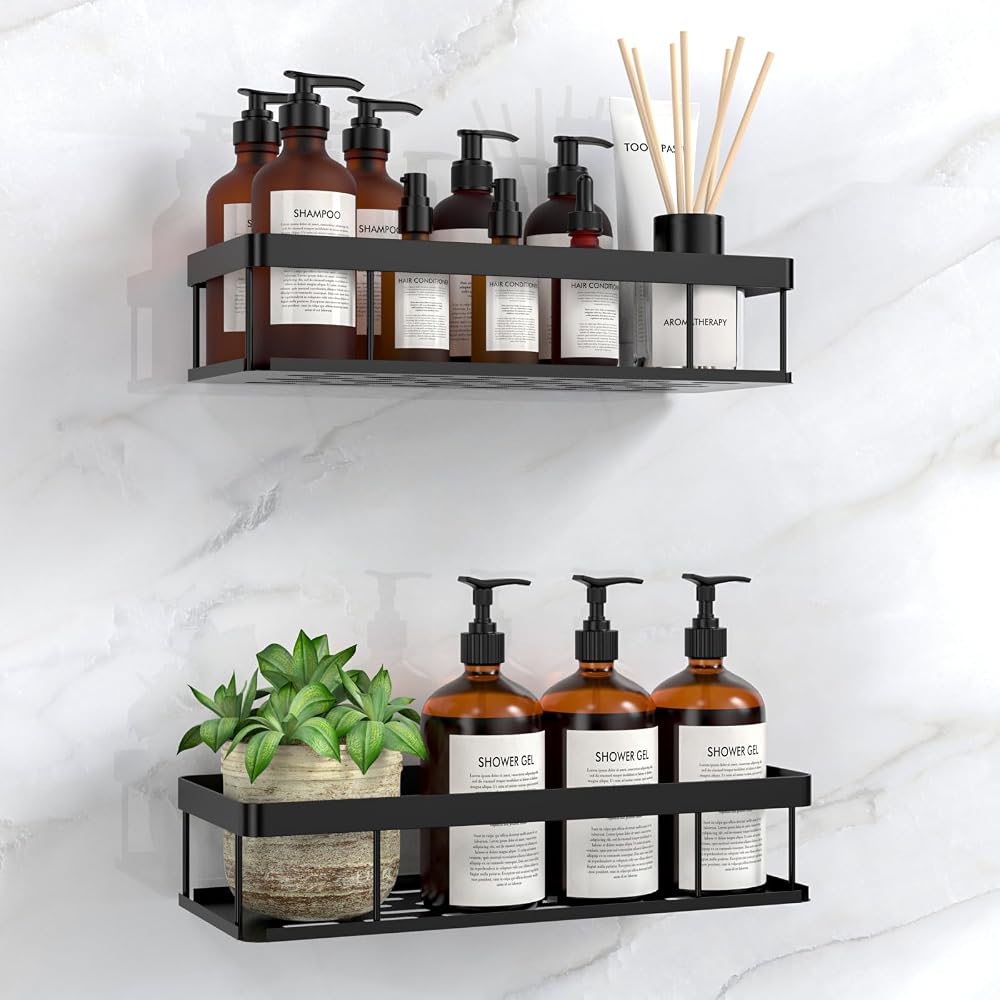 UUlioyer Shower Caddy 2-Pack Waterproof No Drilling Black Bathroom Shelf