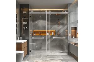 Miscoos Frameless Double Sliding Shower Door - 56-60" Width x 76" Height - Brushed Nickel Finish, 3/8" (10mm) Thick SGCC Tempered Glass - Soft Close Feature with Explosion-Proof Film