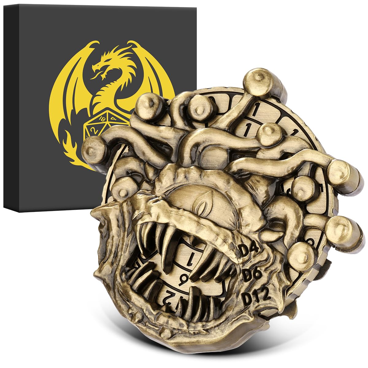 7-in-1 Beholder Fingertip Gyro, DND Wheel Dice Spiner, DND Starter Set, 7-in-1 Metal Dice Set, D&D Gifts with Dragon Logo Gift Box, Tabletop Games, Role Playing Board Game Accessories, Bronze