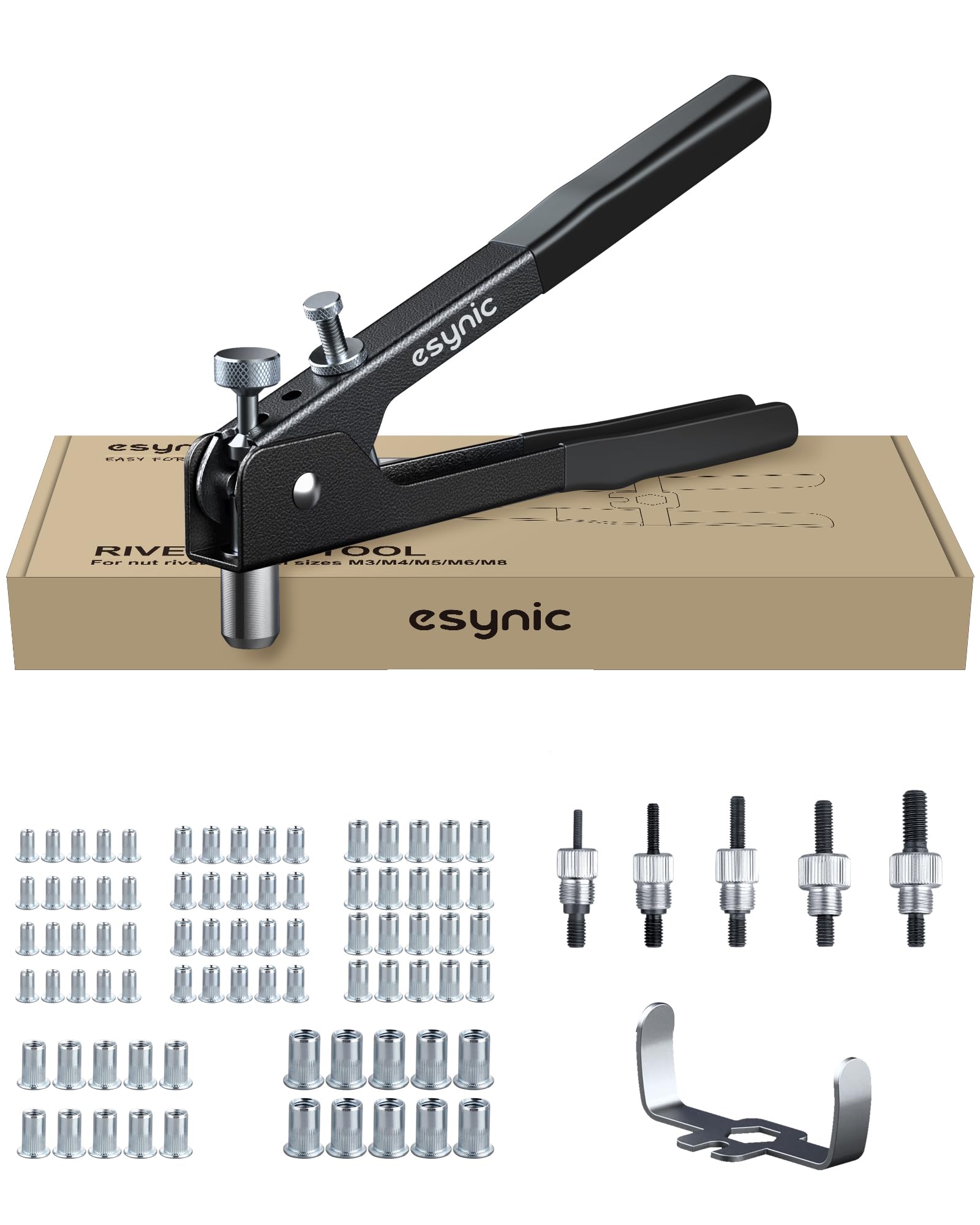 eSynic Rivnut Gun Tool Kit 10 Inch Rivet Nut Gun Set Hand Rivnut Tool Kit Heavy Duty Rivnut Gun Set Nut Rivet Tool with 80Pcs Riveter Nuts Metric M3 M4 M5 M6 M8 Perfect for Work