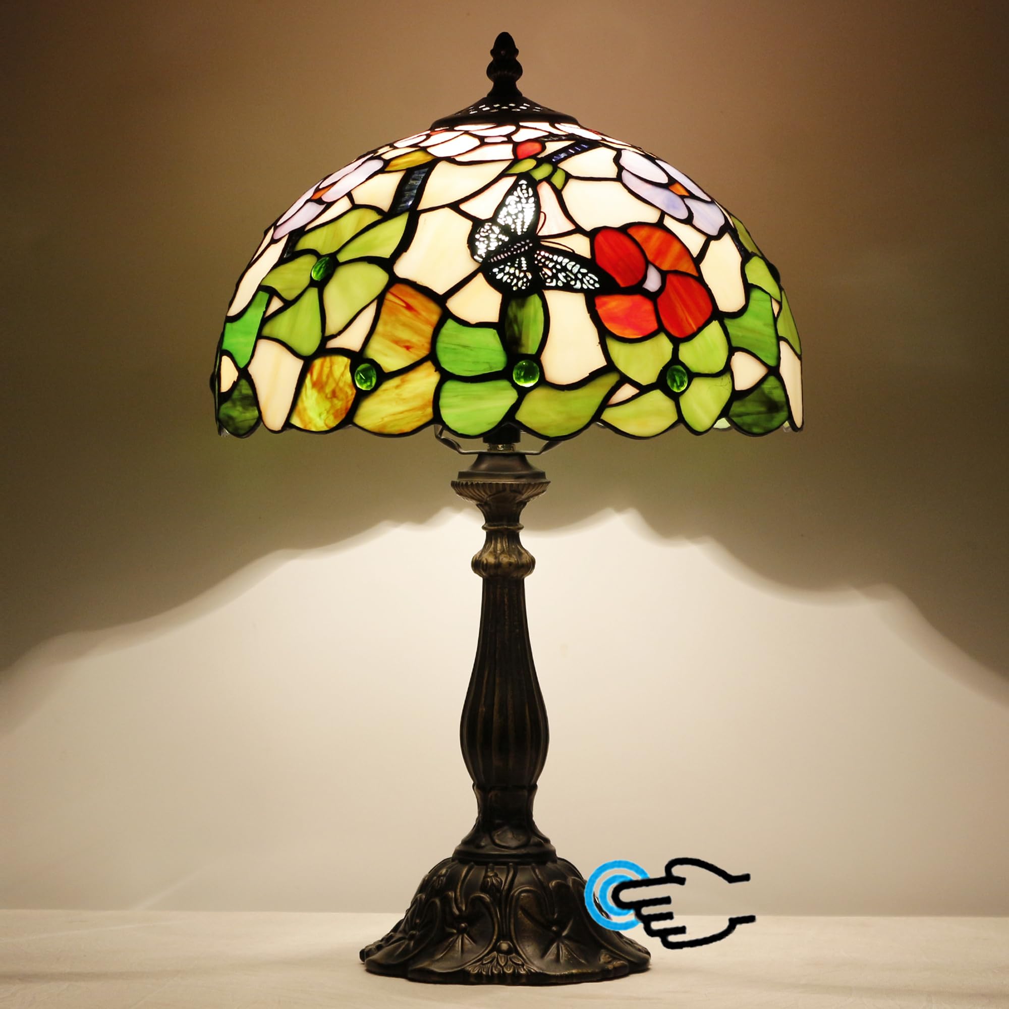 Photo 1 of ***DAMAGE MINOR*** L-Juicwe Tiffany Lamp Touch Control Table Lamp Stained Glass Desk Lamp 12X12X19 Inches Butterfly Flower Style Reading Light