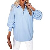 Astylish Women 2026 Fine Striped Smocked Cuffed Henley Shirts Puff Long Sleeve Collared Blouse Tops with Chest Pocket