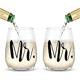 Mr and Mr Stemless Wine Glass Set of 2 15Oz - Unique Male Couples Wine Glass Gift for Gay Engagement, Gay Wedding, Birthday, 