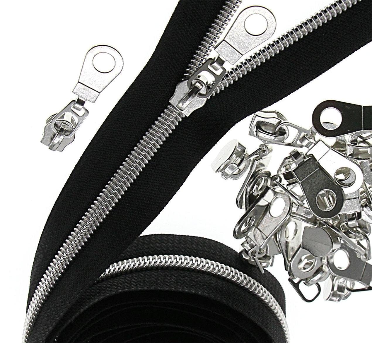 #5 Silver Metallic Nylon Coil Zippers by The Yard, Bulk Black Tape 10 Yards with 25Pcs Pulls for DIY, Sewing, Craft, Bags YIGUANXIN