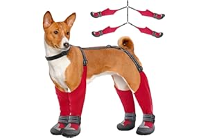 Idepet Dog Suspender Boots, Tall Dog Boots Anti-Slip & Fall Waterproof Shoes Leggings, Adjustable Suspender Boots for Winter Snow Rain Hiking Paws Protector (Red, 4)