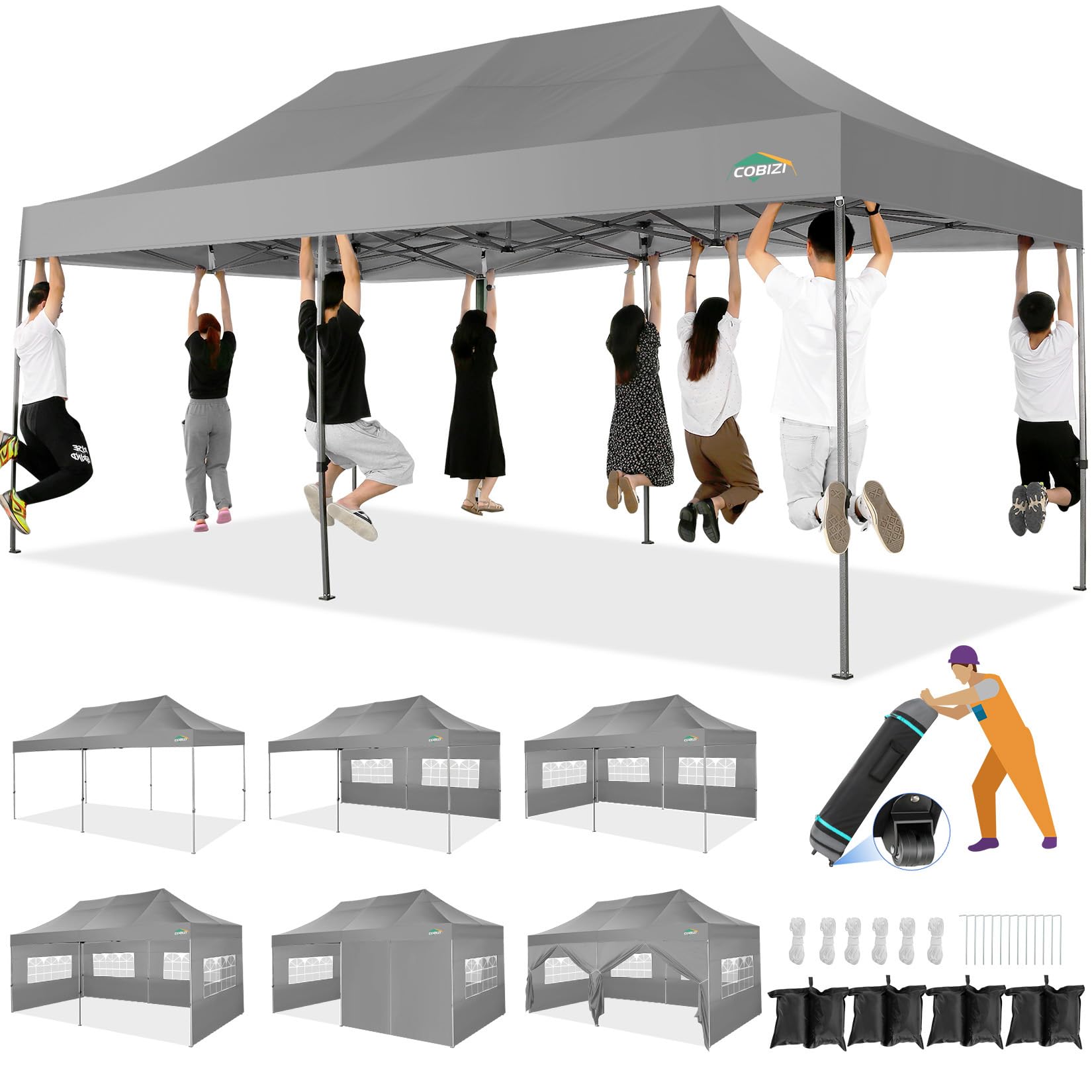 Photo 1 of COBIZI 10x20 Heavy Duty Pop up Canopy Tent with 6 sidewalls Easy Up Commercial Outdoor Canopy Wedding Party Tents for Parties All Season Wind & Waterproof Gazebo with Roller Bag,Grey(Frame Thickened)