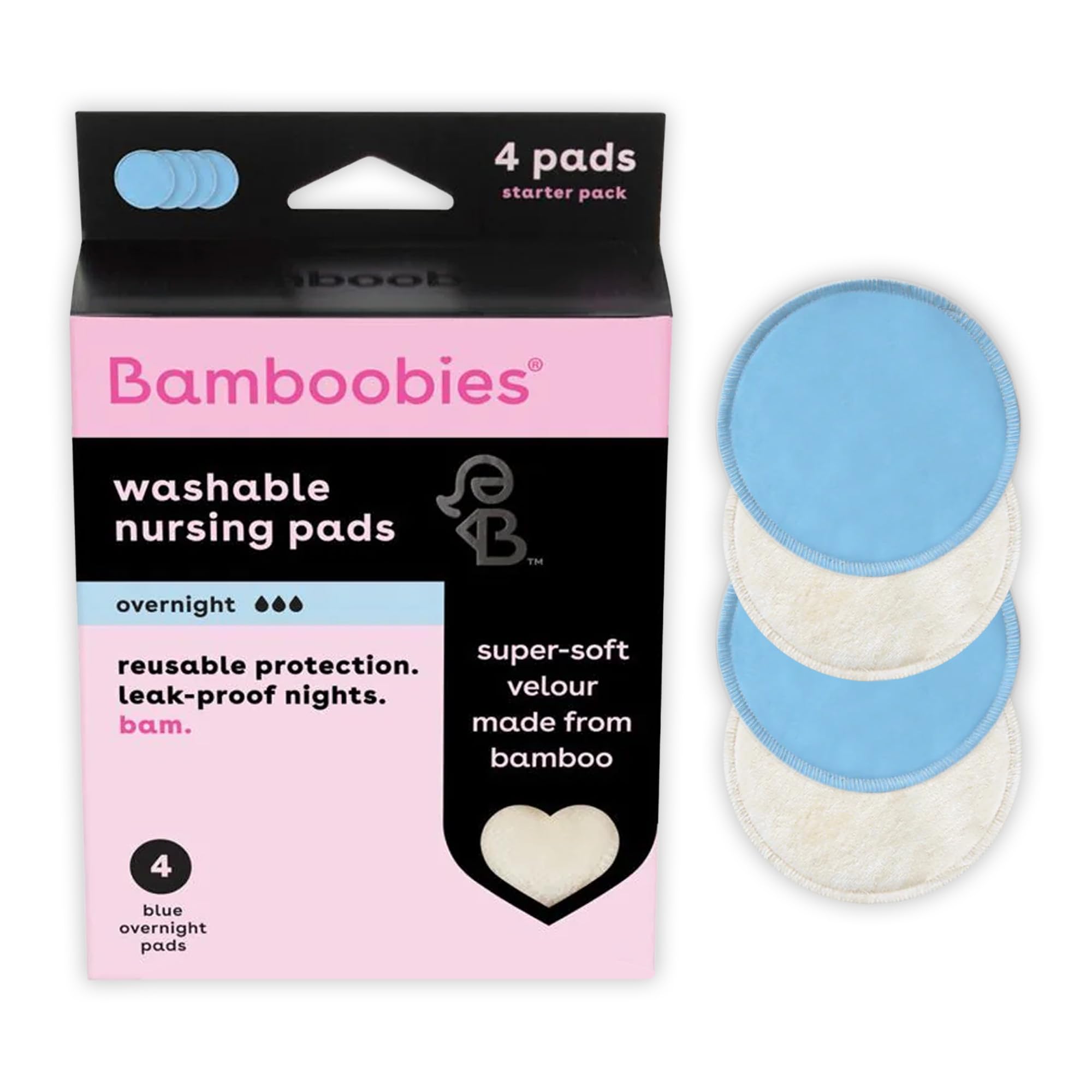Photo 1 of Bamboobies Overnight Nursing Pads, Ultra-Soft Velour, Reusable and Washable for Nightly Use, Leak-Proof Pads for Breastfeeding, 4 Pads