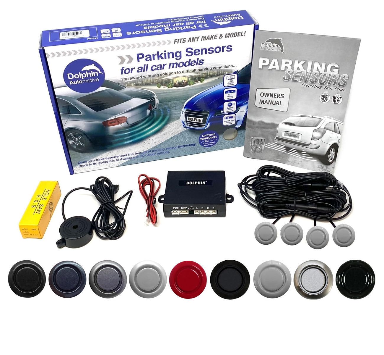 Dolphin Automotive DMS400 Micro Size Reverse Parking Sensors - 4 Rear Sensors With Audio Alerts - Auto Express Award Winning Brand In 9 Colours (White)
