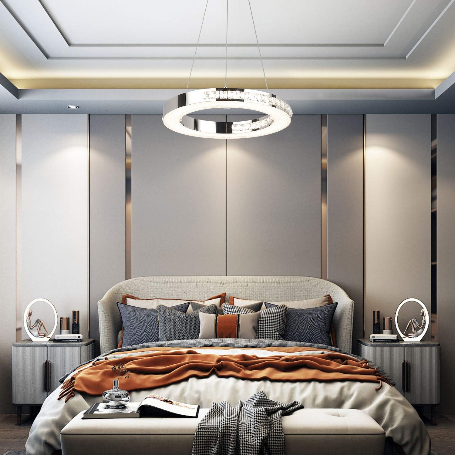 Modern Chandelier Fixtures LED Hanging Lamps 1 Ring 15.57" Diameter, Joossnwell 30W Crystal Pendant Lighting Dimmable Dining Room Ceiling Light for Living Room Bedroom Natural Light 4000K - - 