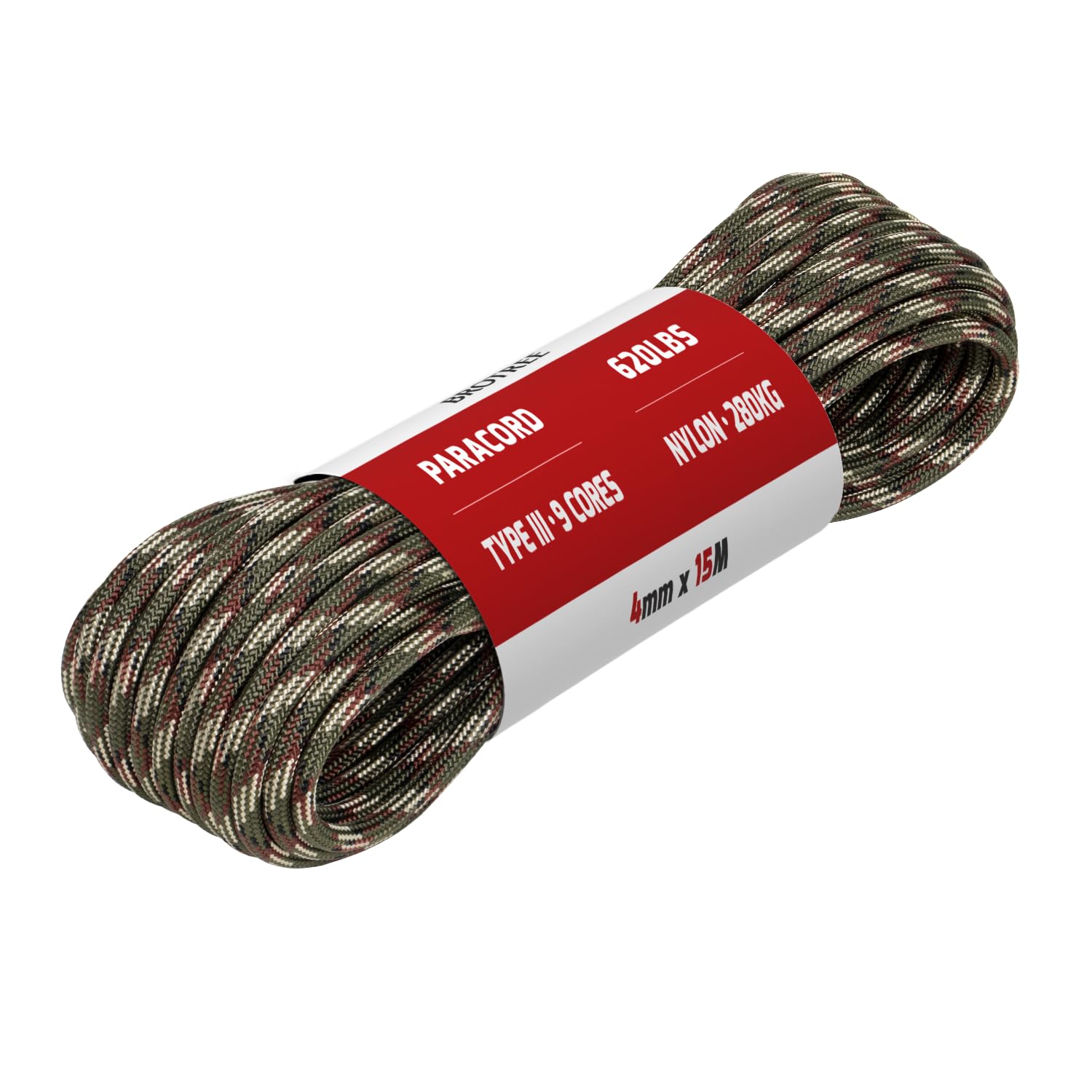 Brotree Paracord 4mm 15M 9 Strands 100% Nylon Rope Type 3 Parachute Cord for Outdoor, Bracelet, DIY - 280kg Breaking Load (Forest Camo)