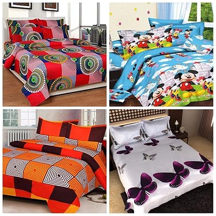 RS Home Furnishing Glace Cotton Combo Set of 4 Double Bedsheets with 8 Pillow Cover,Multicolor