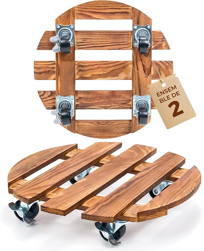 Porte Plante a Roulettes, Support Plante Interieur avec Roulettes, Lot de 2 Supports Plantes Interieur 30,5 cm, Capacite 100 KG pour Interieur Exterieur, Marron Fonce