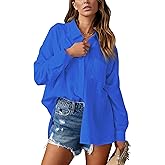 AISEW Womens Casual Button Down V Neck Shirts Raglan Long Sleeve Loose Fit Collared Work Blouses Tops with Pocket