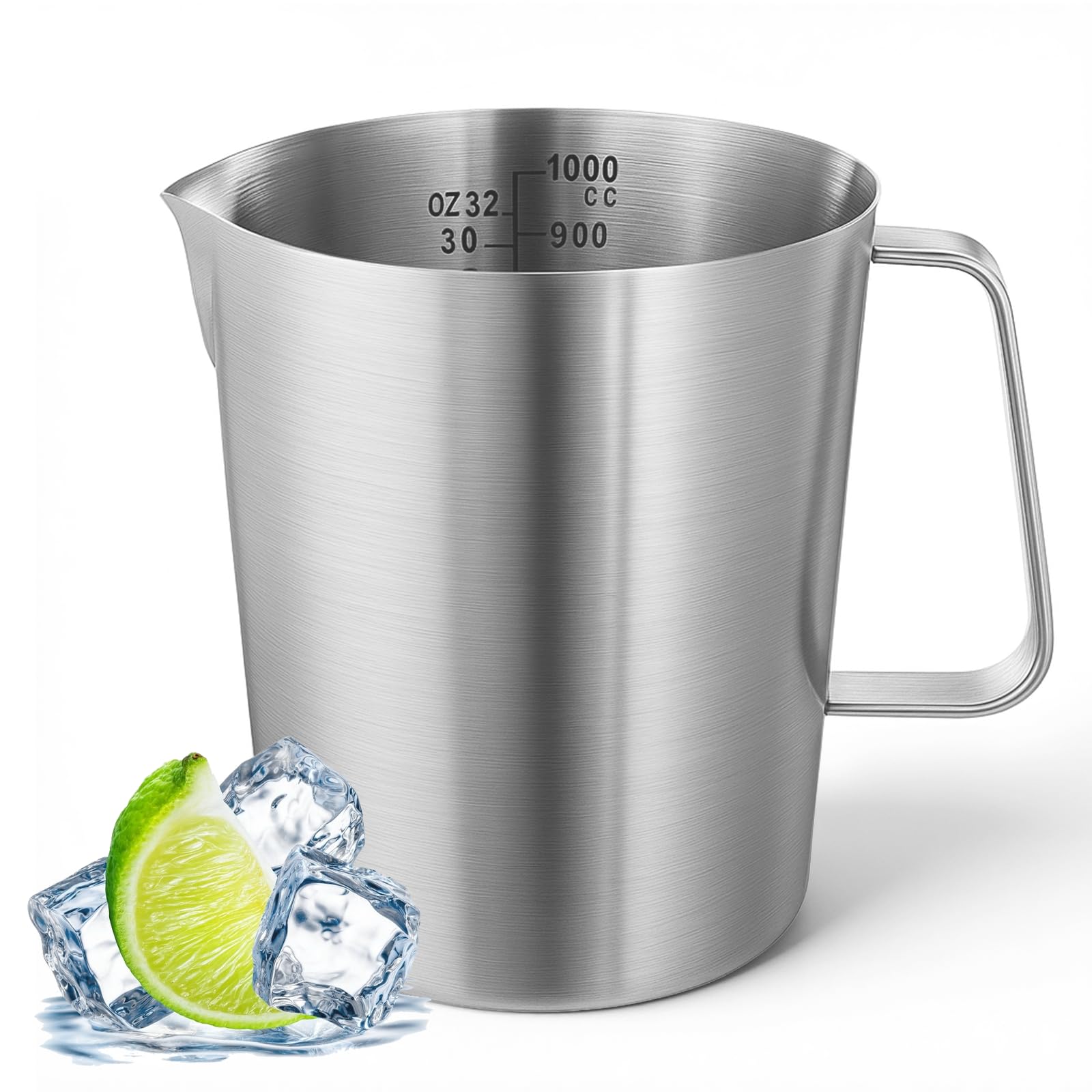 Photo 1 of 304 Stainless Steel Measuring Cup with Handle and Pour Lip, 32oz / 1000ml Metal Pitcher with Oz And ML Marking, 18/8 Stainless Steel Heavy-Duty Milk Frothing Jug for Latte Art Iced Tea Hot/Cold Water