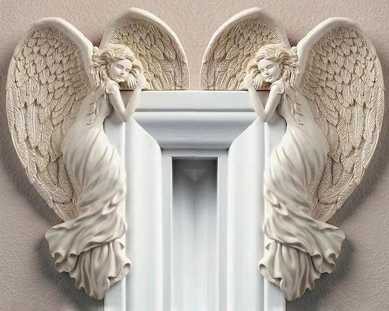 Door Frame Angel Wall Sculpture Left Right Door Frame Angel Wing Sculpture Vintage Shabby Ivory Wall Sculptures 3D Chic Angelic Figurines Ornaments for Doors Frames Fireplace