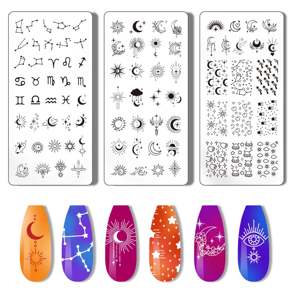 PH PandaHall 3pcs Moon Star Nail Stamper 12 Constellation Nail Stamping Plate Night Sky Nail Art Stencils Print Nail Stencils Stainless Steel Nail Image Plates for Nail Design Print Manicure Salon