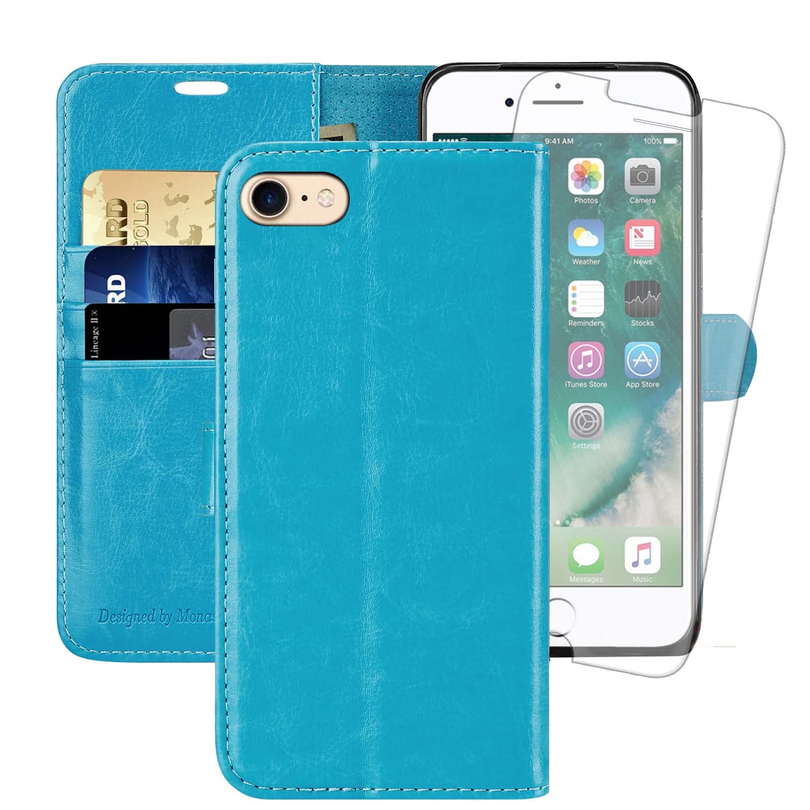 MONASAY iPhone SE 2022/2020 5G Case,iPhone 8 Wallet Case, iPhone 7 Case,4.7-inch, [Glass Screen Protector] Flip Folio Leather Cell Phone Cover with Credit Card Holder,Light Blue