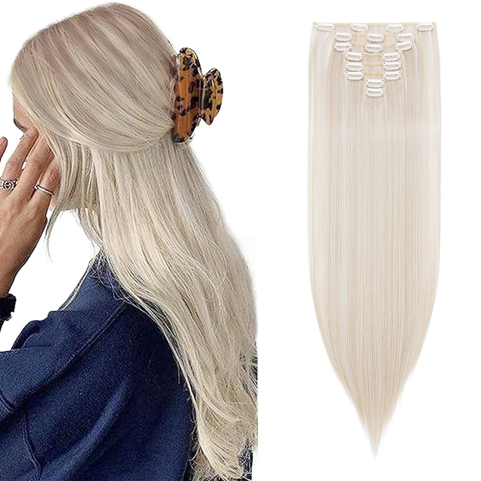 26 inch Long Straight Clip in Hair Extensions Full Head 8Pcs 18Clips Ombre Colorful Synthetic Hair Clip in Hairpiece for Women Ash Blonde mix Silver Gray