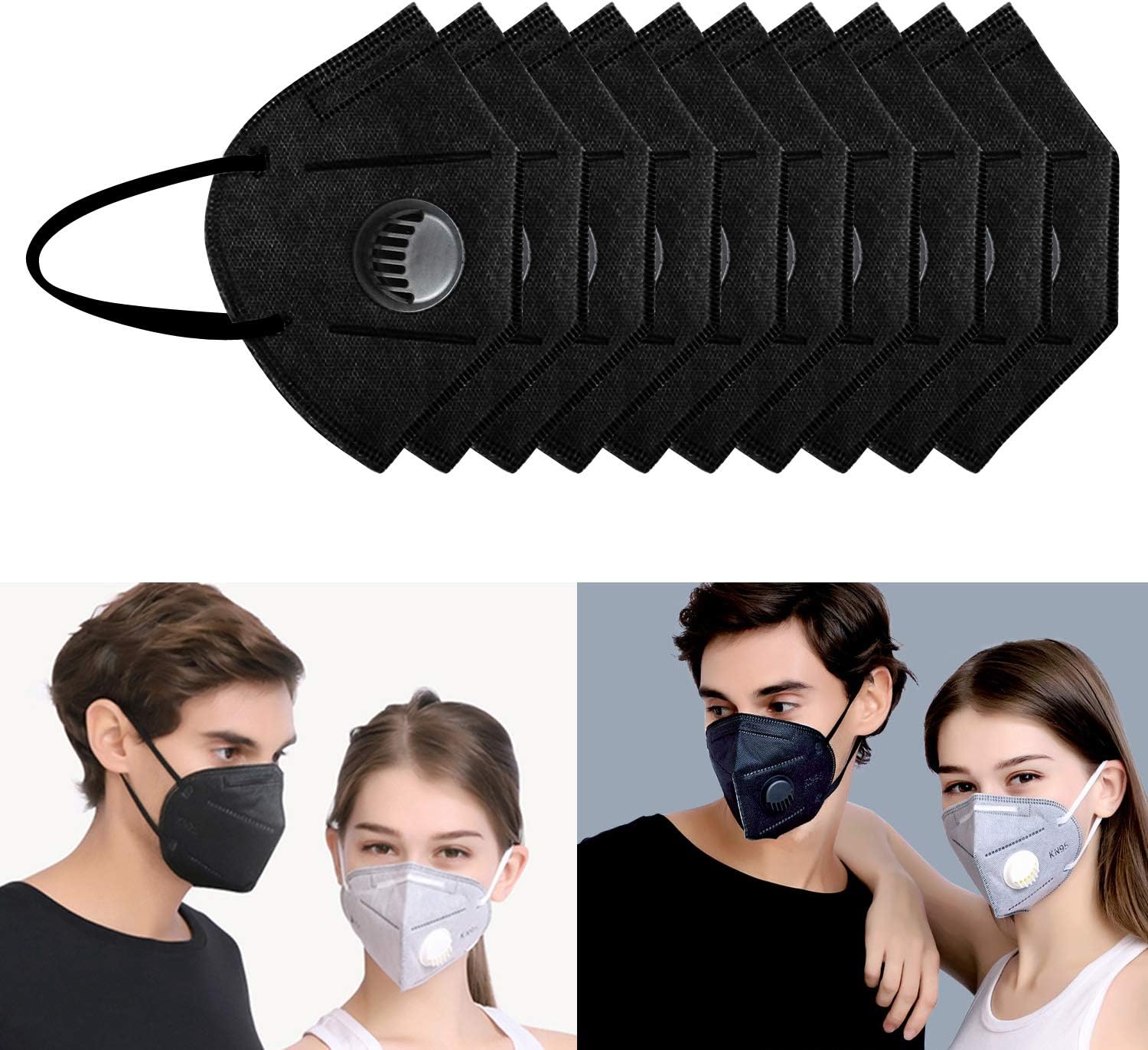 10 Pack Dust Mask Disposable, Flying swallow N95 Particulate Respirator Face Safety Masks with Exhalation Valve 7 Layer Activated Carbon Air Filter Adjustable Earloop (Black)