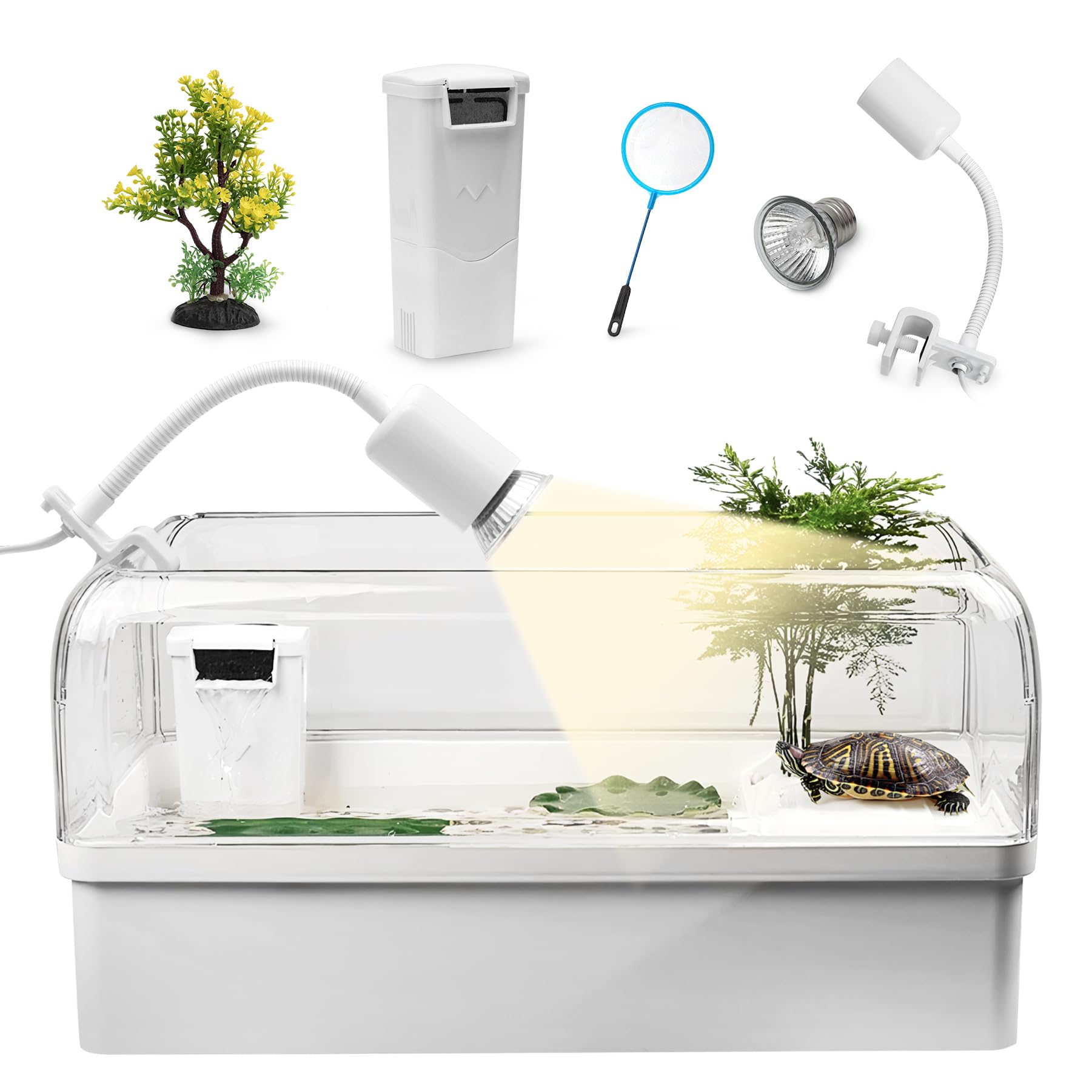 Turtle Tank Habitat Kit, Clioran Aquatic Tortoise Enclosure Starter Aquarium with Multi-Function Area, Hideout, UV Basking Platform Light, Water Filter, Fish Net,Drainage,Plant for Turtle Reptile Crab