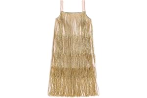 WALLARENEAR Kids Sequin Fringe Dress Sparkling Tassel Sleeveless Dress Little Girls Dance Wear Party Latin Dance Dress 1-10Y