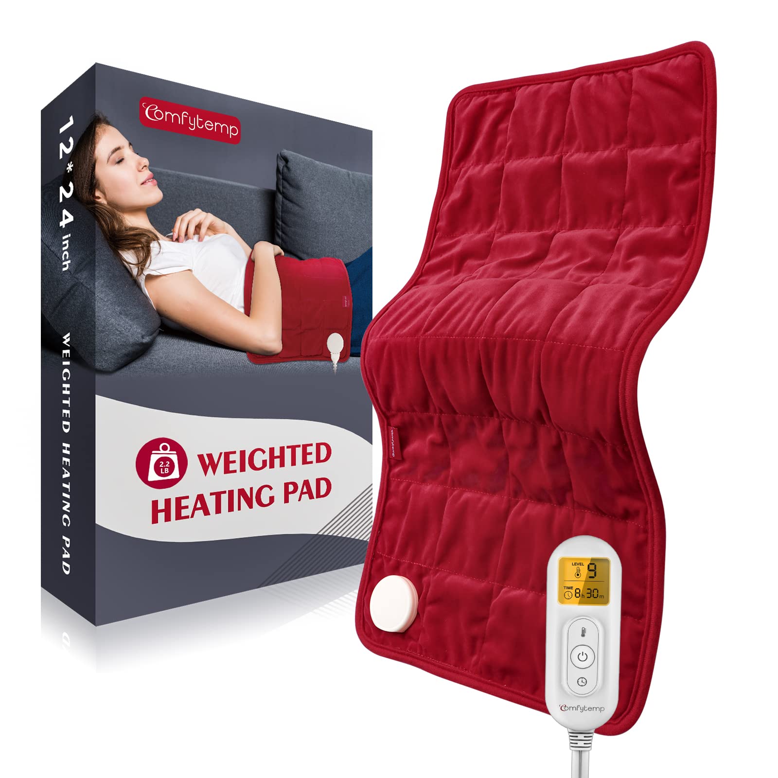 Comfytemp Weighted Heating Pad,XL Electric Heating Pads with 9 Heat Setting, 11 Auto-Off & Stay on, Memory Function, 2.2 lb Weighted Beads for Back Pain, Shoulders and Cramps Relief, 12x 24