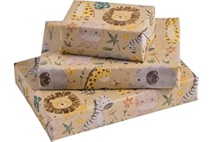 RUSPEPA Jungle Animals Wrapping Paper, Mini Roll, 17 Inches x 32.8 Feet, Kraft Wrapping Paper with Lion, Giraffe and Elephant Design Great for Birthday Party, Baby Shower and More