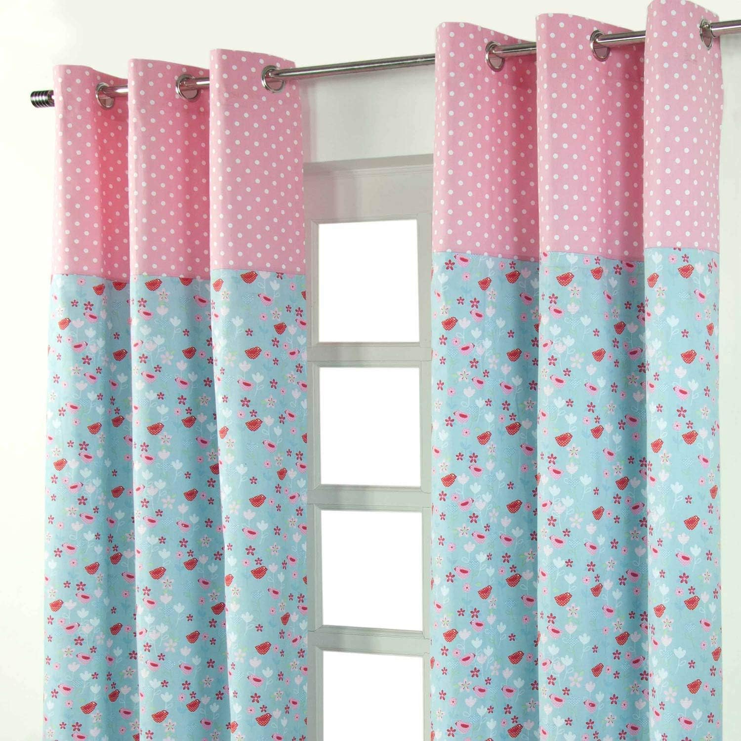 HOMESCAPES Bird and Flowers Eyelet Curtains 100% Cotton Red - Image 5