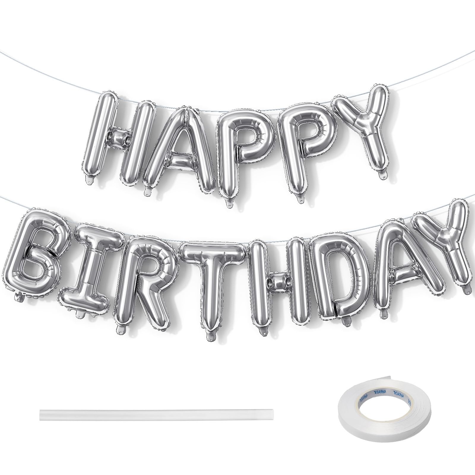 Lingqiang Happy Birthday Balloon Banner Silver, 16 Inch Self Inflating Foil Balloons Bunting with Ribbon, Reusable Letter for Women Men Party Decor — image 1