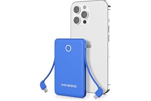 MIISSO 6000mah Ultra Slim Built in Cables Power Bank, Card Size Built in USB C Cords Battery Pack Portable Charger for Phones, 3 Output External Battery Pack Compatible with iPhone, Samsung, Deep Blue