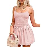 Nsbonu Women's Smocked Mini Dresses Summer Beach Sundress High Waist Casual Spaghetti Strap Swing A Line Babydoll Mini Dress