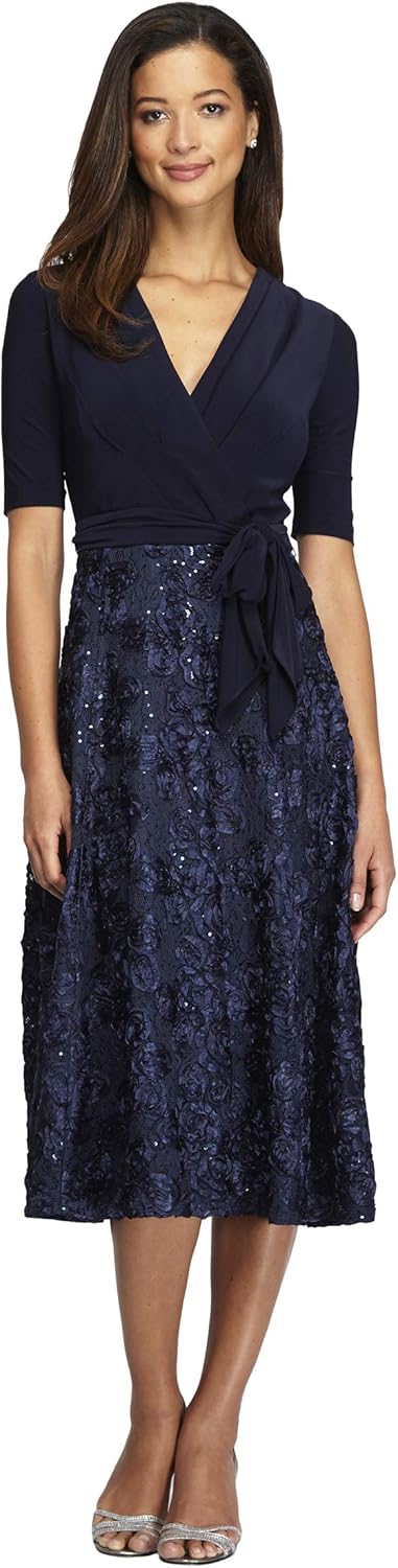 Alex Evenings Women's Tea Length Dress with Rosette Detail: Clothing