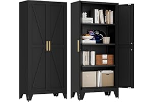 WASHSEMBA 61" Tall Farmhouse Metal Pantry Cabinet, Kitchen Pantry Storage Cabinets with 2 Barn Door and Adjustable Shelves,Metal Pantry Storage Cabinet,for Kitchen,Laundry Room,Home Office,Kids Room (Black)