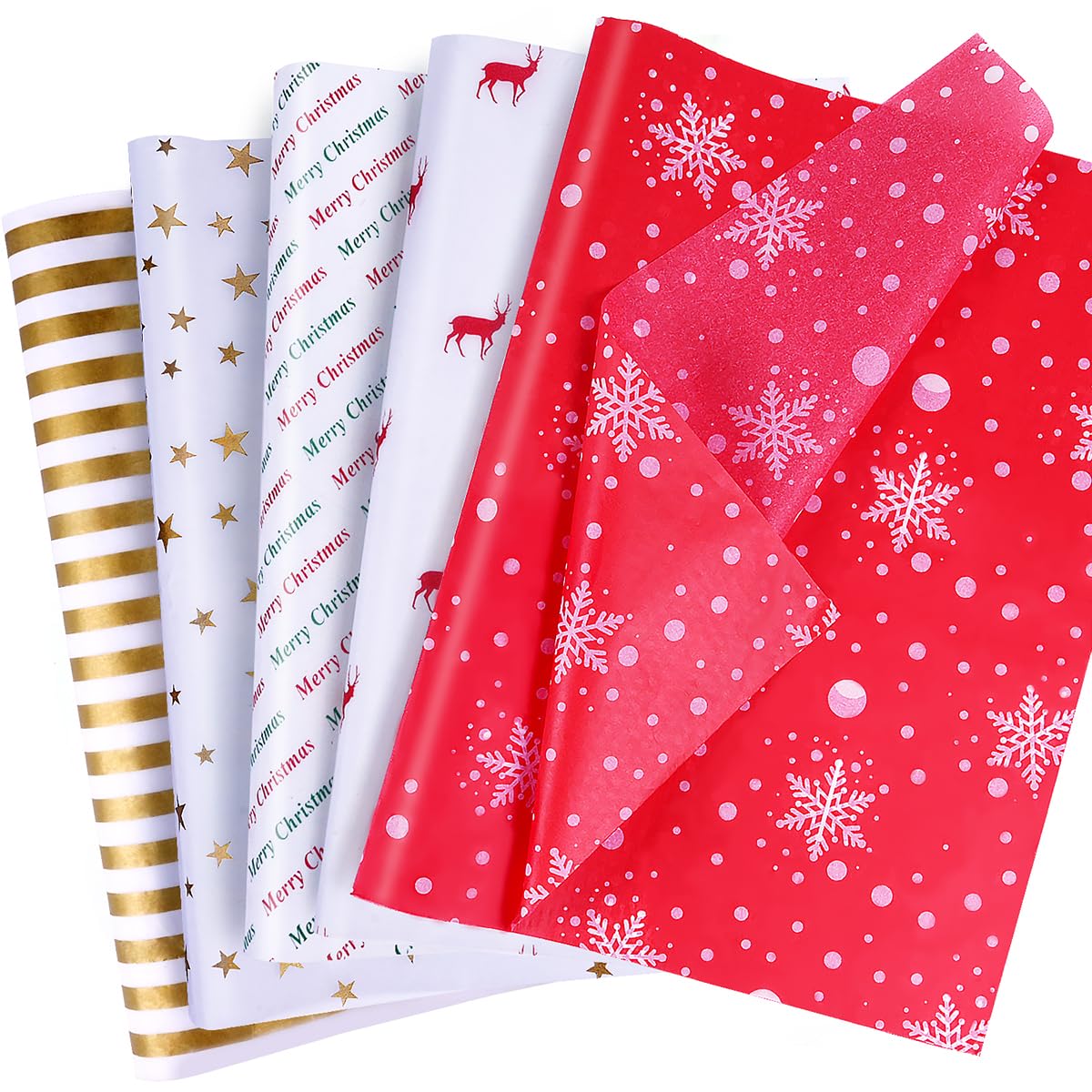 Christmas Tissue Paper 50 x 35cm - 100 Sheets Assorted 5 Design Red Gold and White Xmas Tissue Paper for Gift Bags Crafts Packaging Wrapping Gifts Christmas New Year Winter Holiday Party Decor