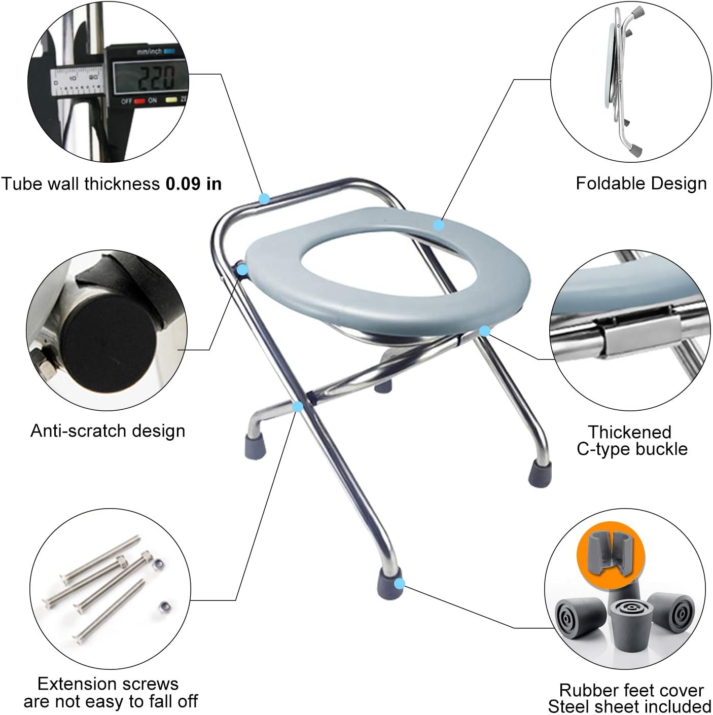 BLIKA 16.5" High Stainless Steel Folding Commode Portable Toilet Seat, Commode Chair with Lid, Camp Toilet Seat Perfect for Camping, Hiking, Trips, Construction Sites : Sports & Outdoors