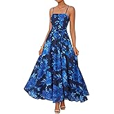 ZESICA Women's Summer Floral Maxi Dresses 2026 Sleeveless Spaghetti Straps A Line Flowy Wedding Guest Sundress with Belt