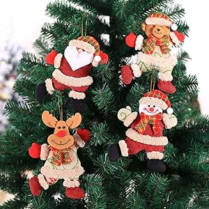 Urieo Christmas Plush Ornaments Set Red Santa Snowman Reindeer Bear Xmas Hanging Decoration Party Holiday Home Christmas Tree Pendant Dolls for Children and Family (Pack of 4)