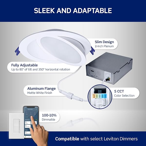 LEVITON 6 IN. ROUND ADJUSTABLE SLIM DOWNLIGHT, 1100 LUMENS, 5 CCT COLOR SELECTABLE 2700K-5000K, DIMMABLE, DAR60-S1W
