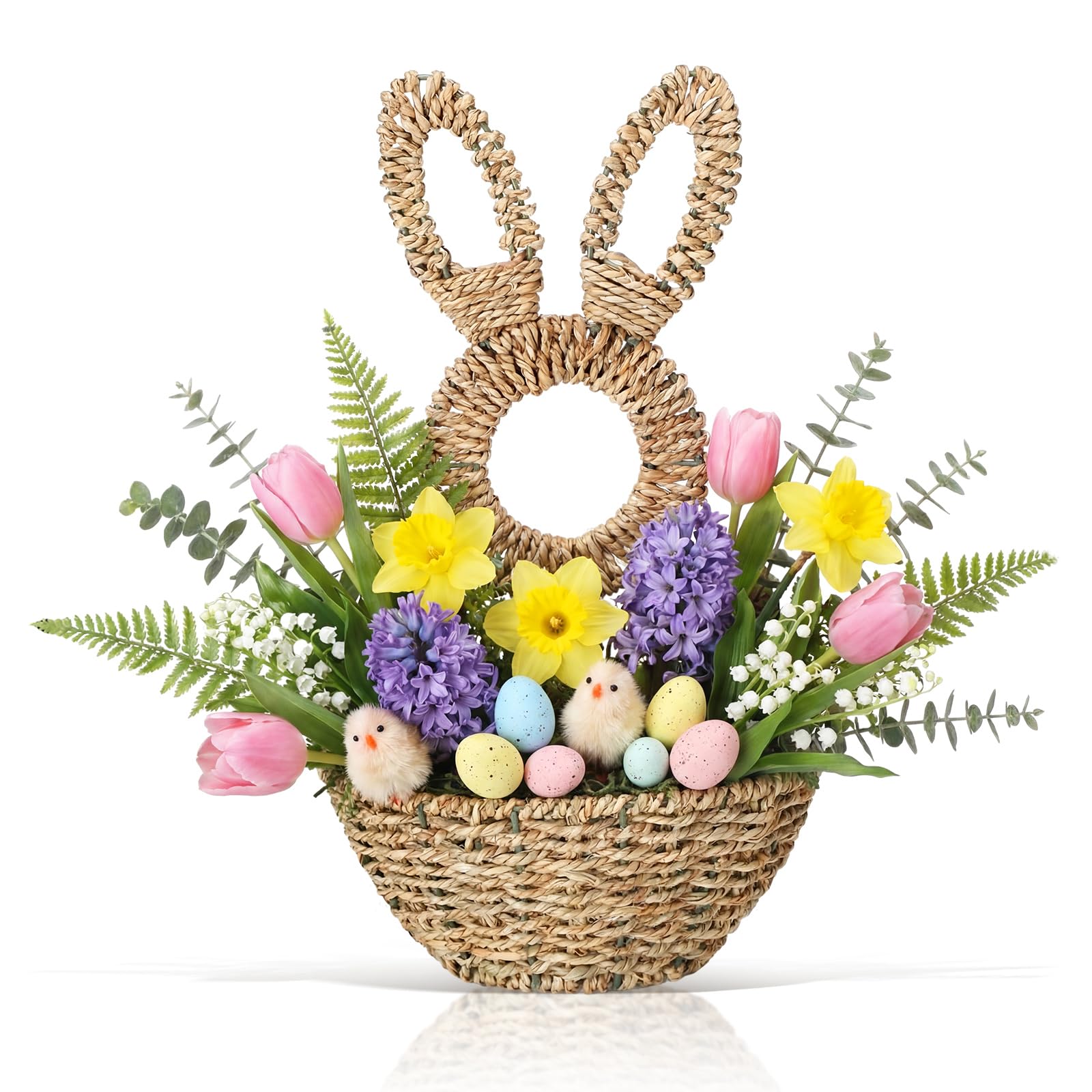 Photo 1 of LemonRoad 16.1 Inch Easter Bunny Basket Easter Bunny Woven Wicker Basket Hanging Wall Rabbit Pocket for Spring Front Door Flowers Eggs Gifts Decor