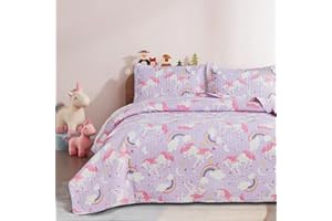 JUNSEY Queen Size Quilts Cartoon Kids Bedding Set, 3Pcs Unicornio Bedspread Animals Coverlets, Lightweight Reversible Cartoon Quilts Horse Rainbow Bedding with Pillow Sham (90x90 inches)