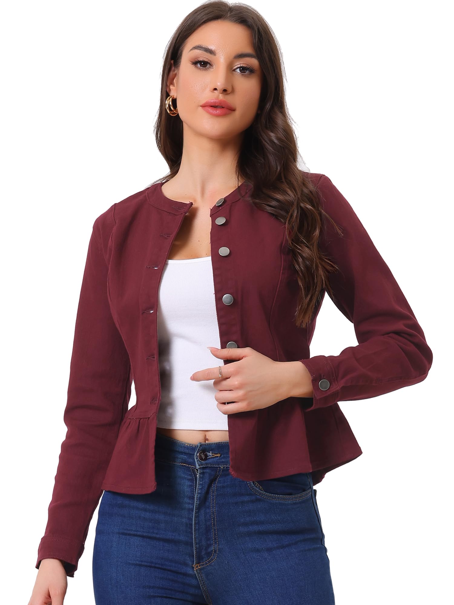 Photo 1 of *SIMILAR CLOTHES***Allegra K Women's Peplum Button Down Cropped Ruffle Hem Denim Jackets Medium Burgundy