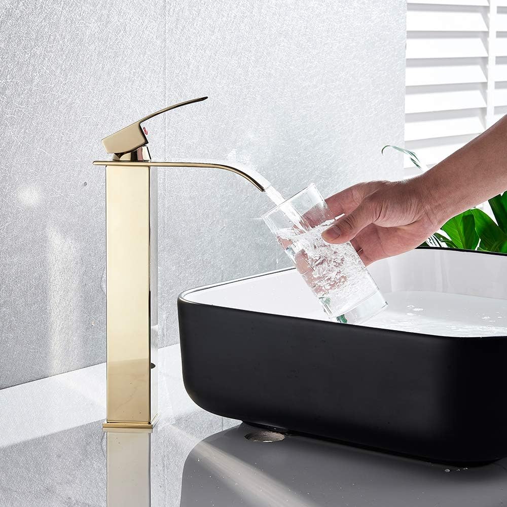 Onyzpily Basin Tap High Arc Tall Basin Mixer tap Commercial 1-Hole Brass Single Lever Deck Mounted,Gold Finish - Image 4