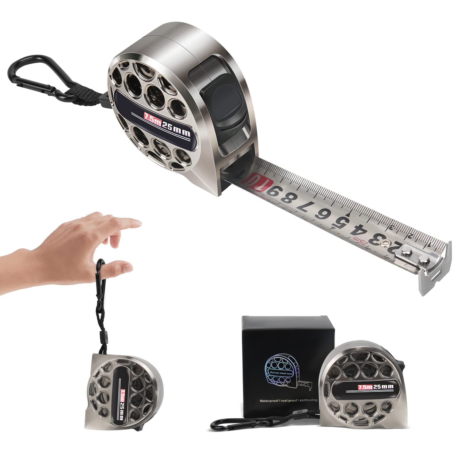 Alftek Stainless Steel Tape Measure, Laser Scale Tape Measure, Retractable Hollow Measuring Tape, Industrial Grade Rust and Corrosion Resistant Tape (7.5m 25mm)