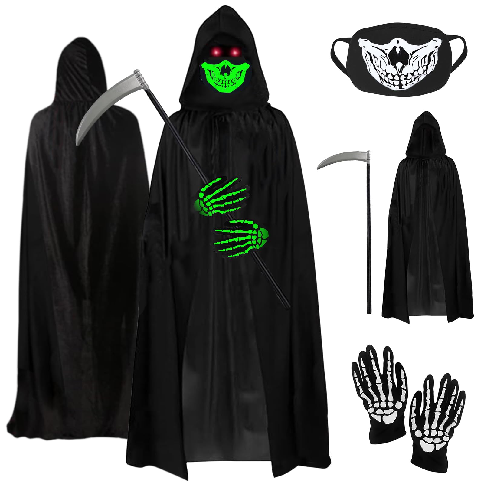 Bseical Grim Reaper Costume Set - Glowing Skull Mask, Reaper Cape, Scythe and Glowing Gloves - Unisex Cosplay for Halloween Party