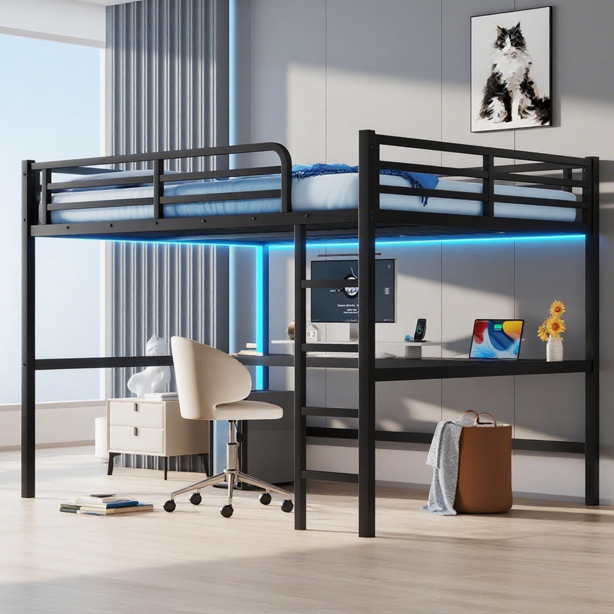 Photo 1 of ***2 BOXES***Metal Queen Size Loft Bed with Desk and Charging Station,Heavy Duty Loft Bed Frame Queen Size with LED Lights and USB for Kids,Teens,Adults,Black Desk***2 BOXES***