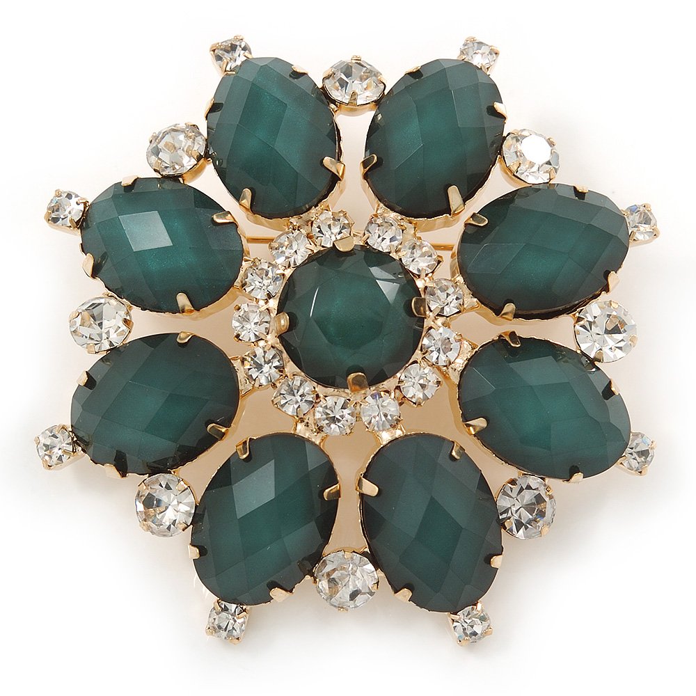 Dark Green Acrylic, Clear Crystal Flower Corsage Brooch In Gold Tone - 60mm Across