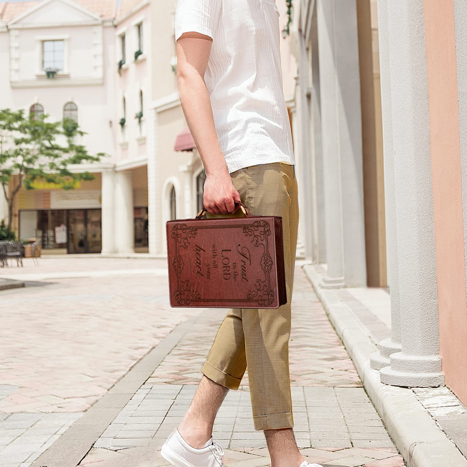 FINPAC Large Classic Bible Cover Vegan Leather Carrying Book Case Church Bag Bible Protective with Handle, Gift for Men, Women, Father, Mother, Friends, Brown