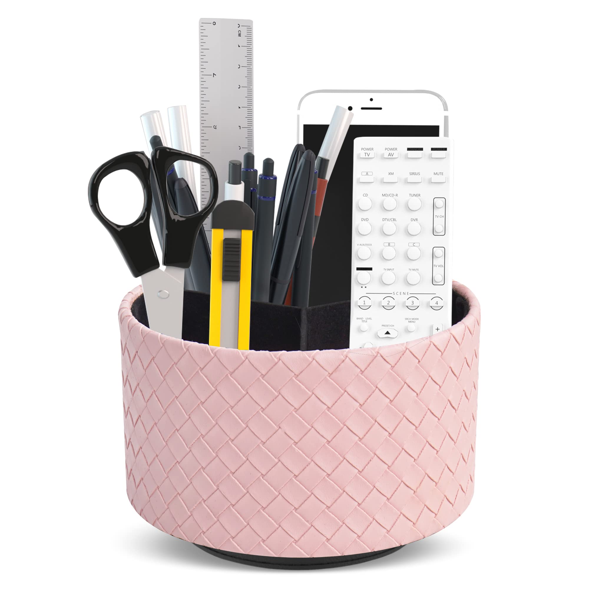 Czzmy Round Leather Art Supply Organizer,Remote Control Holder with Adjustable Divider,360 Degree Spinning,Multi-Functional Pencil Holder,4 Compartments Desktop Stationary Organizer(1-Pink)